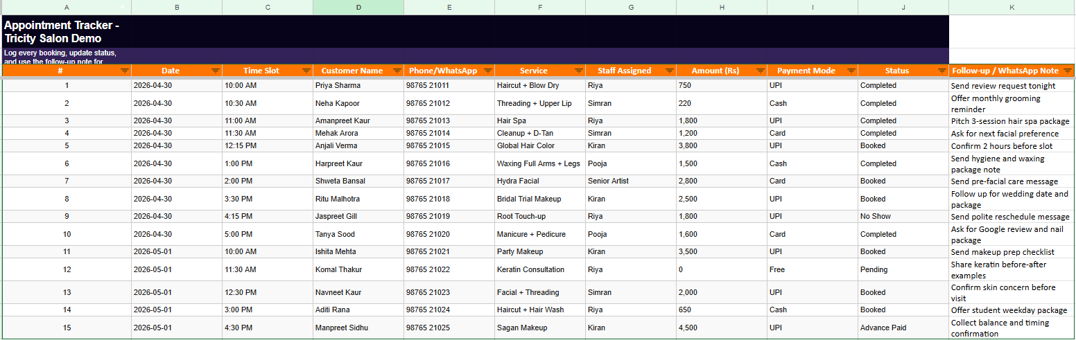 Screenshot of the Salon CRM Google Sheet (price list + staff)
